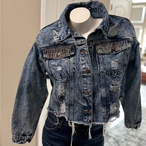 Thrill Jeans Denim Jacket Women Large Destroyed Thrashed Crop Rhinestone Fringe